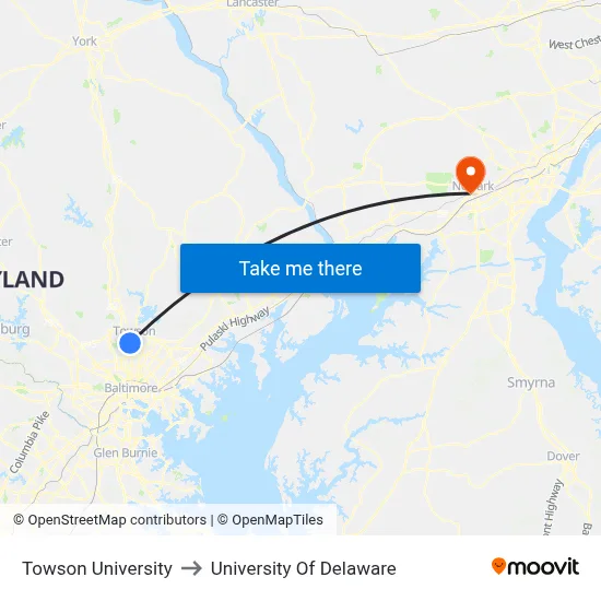 Towson University to University Of Delaware map