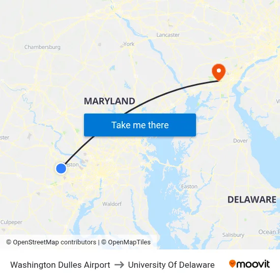 Washington Dulles Airport to University Of Delaware map