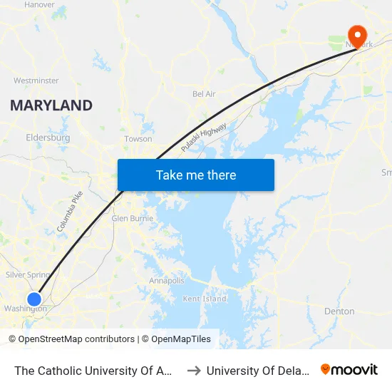 The Catholic University Of America to University Of Delaware map