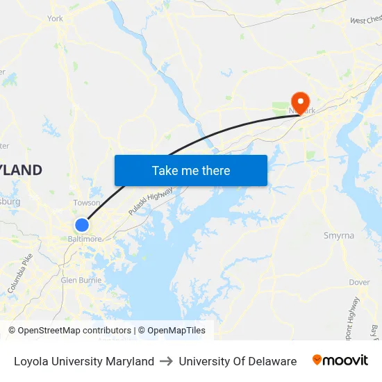 Loyola University Maryland to University Of Delaware map