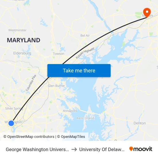 George Washington University to University Of Delaware map