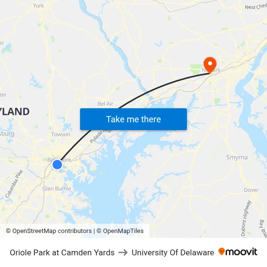 Oriole Park at Camden Yards to University Of Delaware map