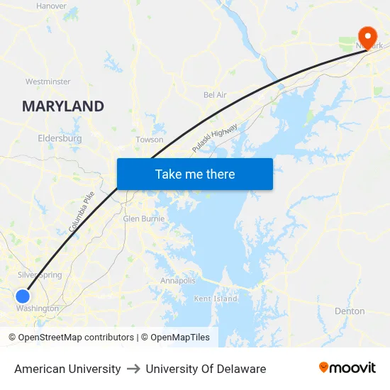 American University to University Of Delaware map