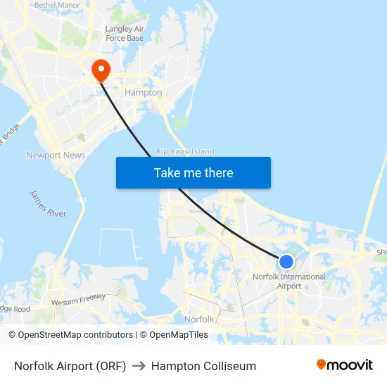 Norfolk Airport (ORF) to Hampton Colliseum map