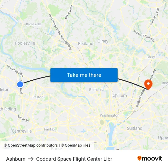 Ashburn to Goddard Space Flight Center Libr map