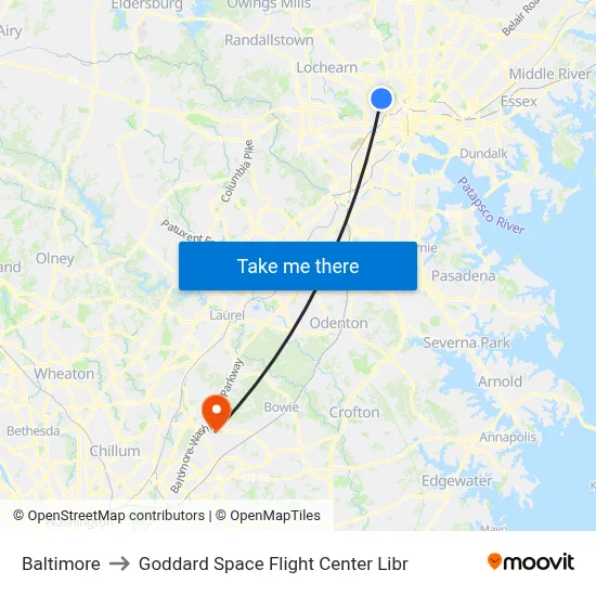 Baltimore to Goddard Space Flight Center Libr map