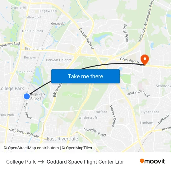 College Park to Goddard Space Flight Center Libr map