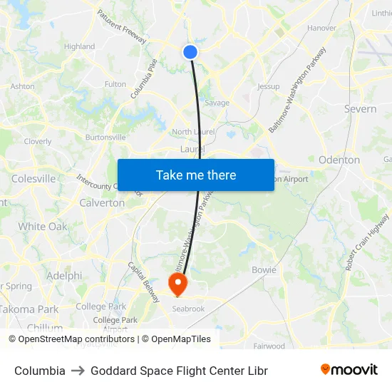Columbia to Goddard Space Flight Center Libr map