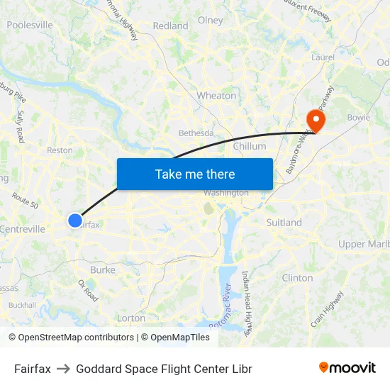 Fairfax to Goddard Space Flight Center Libr map