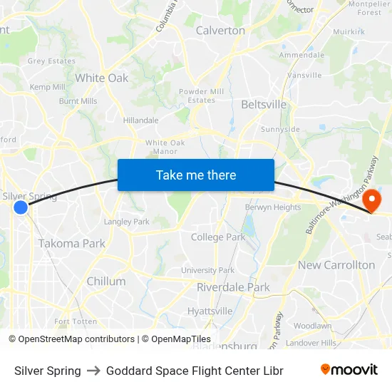 Silver Spring to Goddard Space Flight Center Libr map