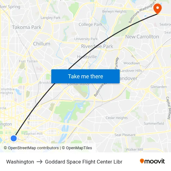 Washington to Goddard Space Flight Center Libr map
