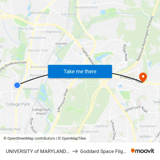 UNIVERSITY of MARYLAND COLLEGE PARK to Goddard Space Flight Center Libr map