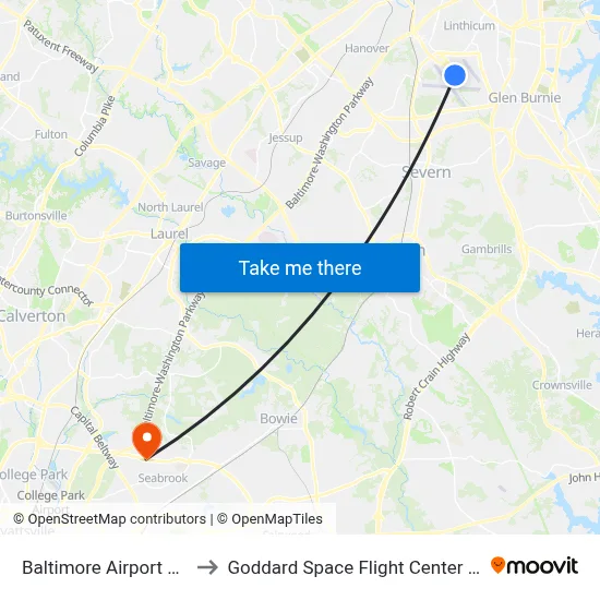 Baltimore Airport BWI to Goddard Space Flight Center Libr map