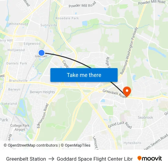 Greenbelt Station to Goddard Space Flight Center Libr map