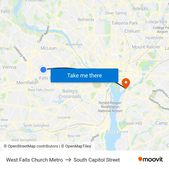 West Falls Church Metro to South Capitol Street map