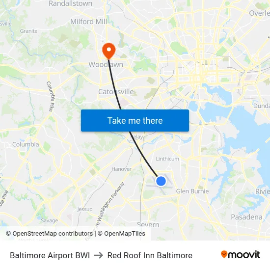 Baltimore Airport BWI to Red Roof Inn Baltimore map