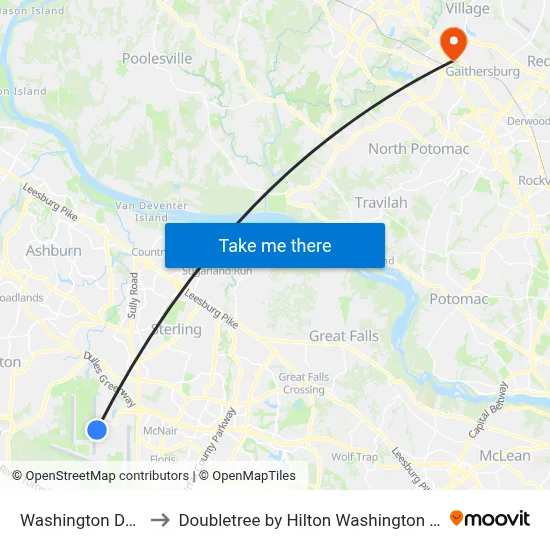 Washington Dulles Airport to Doubletree by Hilton Washington Dc North Gaithersburg map