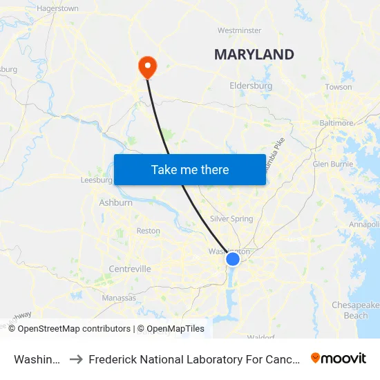 Washington to Frederick National Laboratory For Cancer Research map