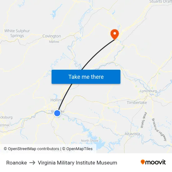 Roanoke to Virginia Military Institute Museum map