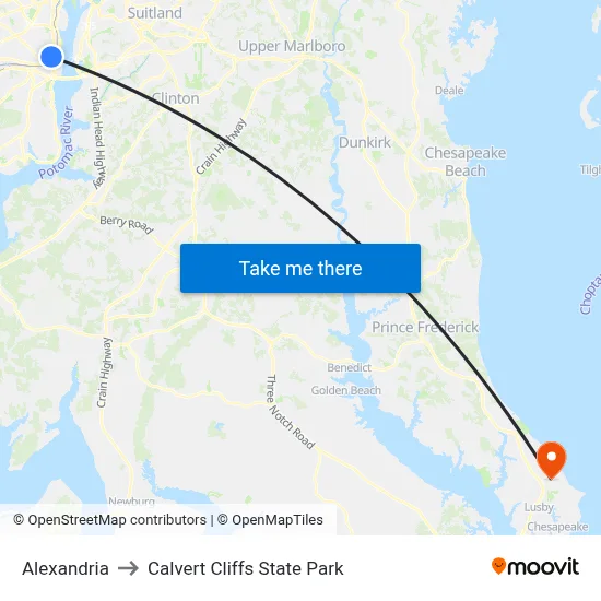 Alexandria to Calvert Cliffs State Park map