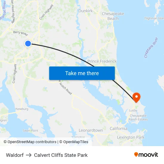 Waldorf to Calvert Cliffs State Park map