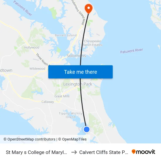 St Mary s College of Maryland to Calvert Cliffs State Park map