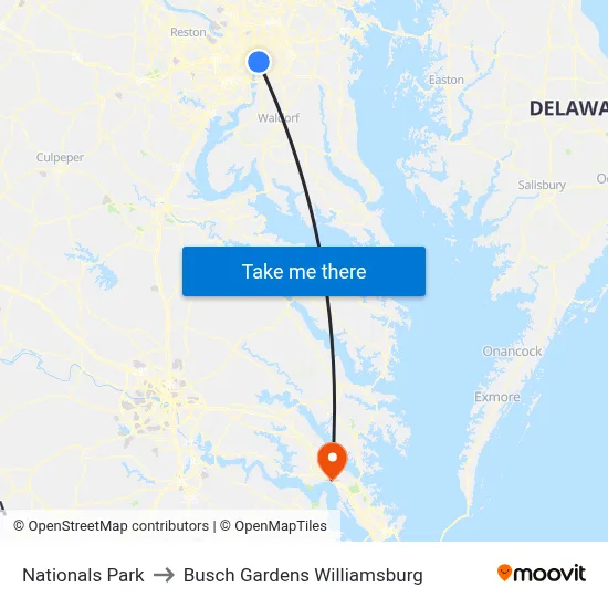 Nationals Park to Busch Gardens Williamsburg map