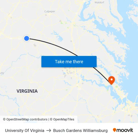 University Of Virginia to Busch Gardens Williamsburg map