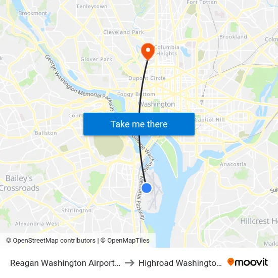 Reagan Washington Airport DCA to Highroad Washington Dc map