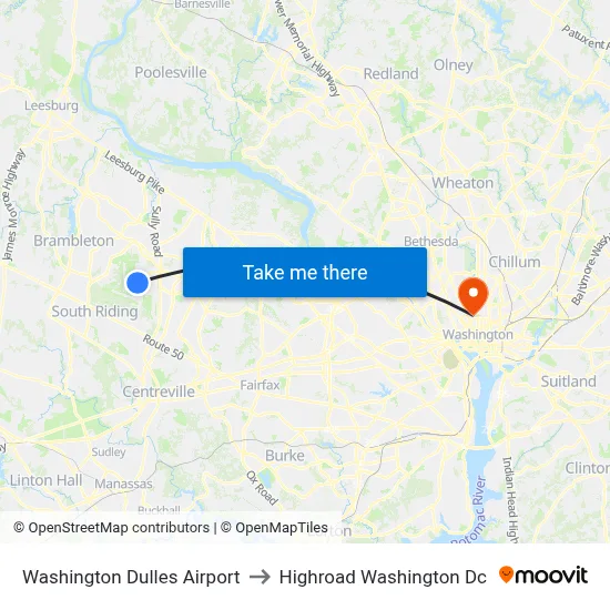 Washington Dulles Airport to Highroad Washington Dc map