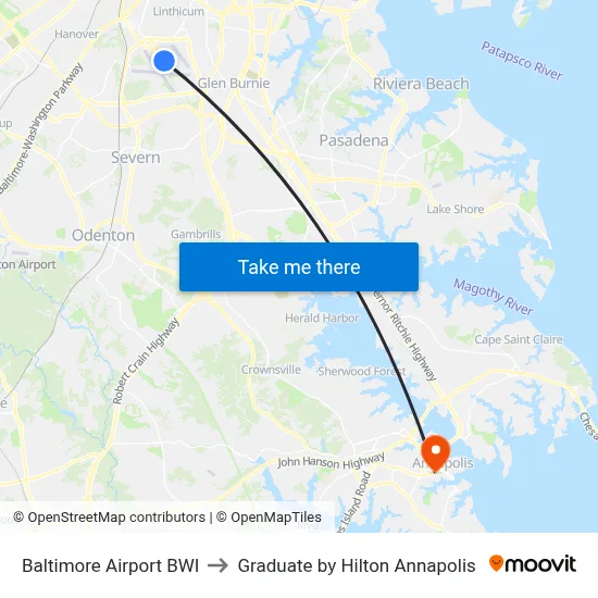 Baltimore Airport BWI to Graduate by Hilton Annapolis map