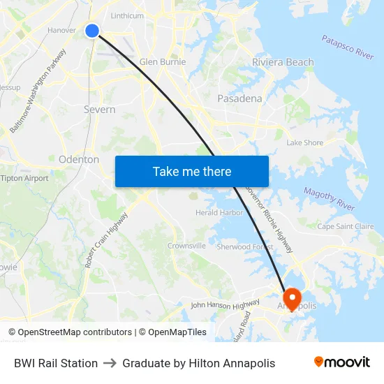 BWI Rail Station to Graduate by Hilton Annapolis map