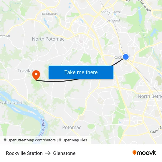 Rockville Station to Glenstone map