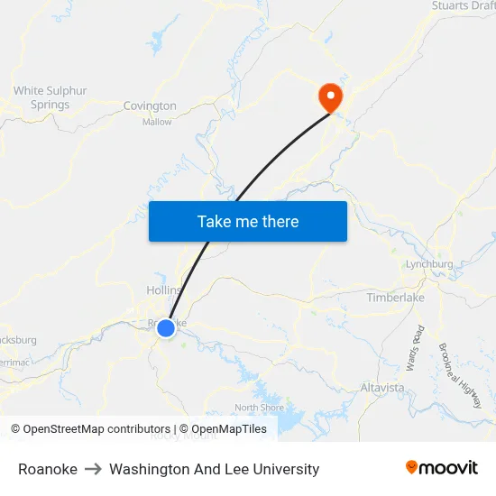 Roanoke to Washington And Lee University map