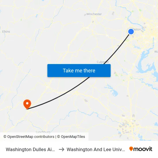 Washington Dulles Airport to Washington And Lee University map