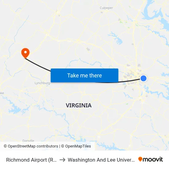Richmond Airport (RIC) to Washington And Lee University map