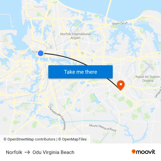 Norfolk to Odu Virginia Beach map