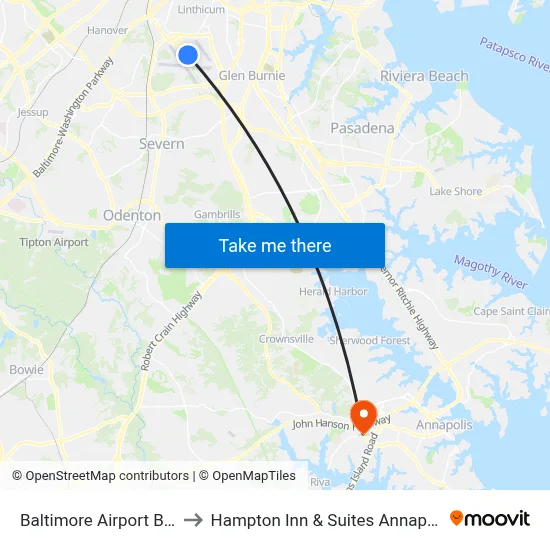 Baltimore Airport BWI to Hampton Inn & Suites Annapolis map