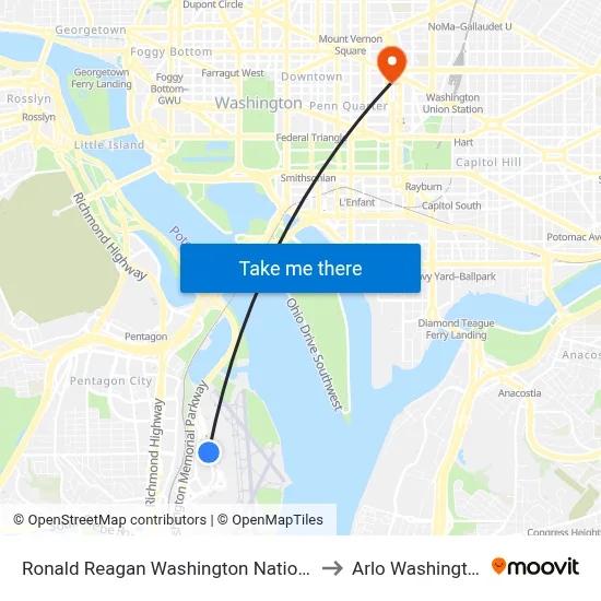 Ronald Reagan Washington National Airport to Arlo Washington Dc map