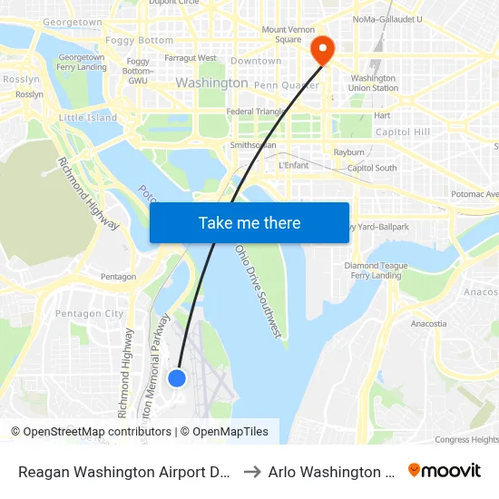 Reagan Washington Airport DCA to Arlo Washington Dc map