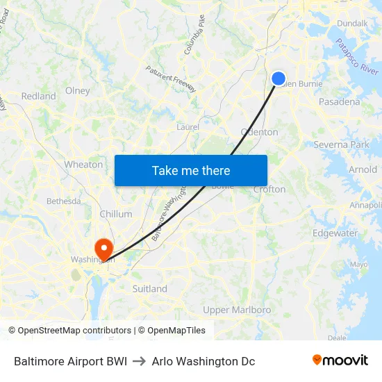 Baltimore Airport BWI to Arlo Washington Dc map