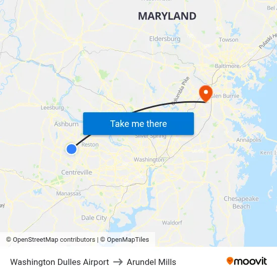 Washington Dulles Airport to Arundel Mills map