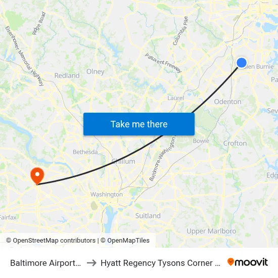 Baltimore Airport BWI to Hyatt Regency Tysons Corner Center map