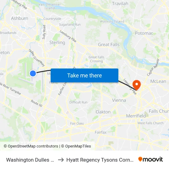 Washington Dulles Airport to Hyatt Regency Tysons Corner Center map
