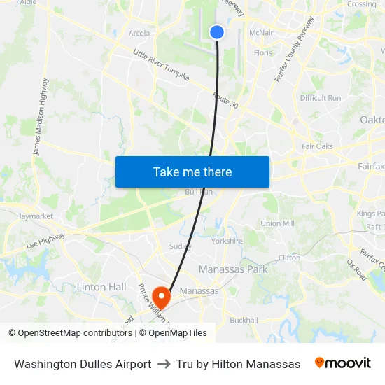 Washington Dulles Airport to Tru by Hilton Manassas map