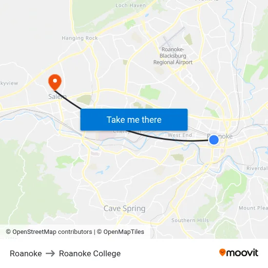 Roanoke to Roanoke College map