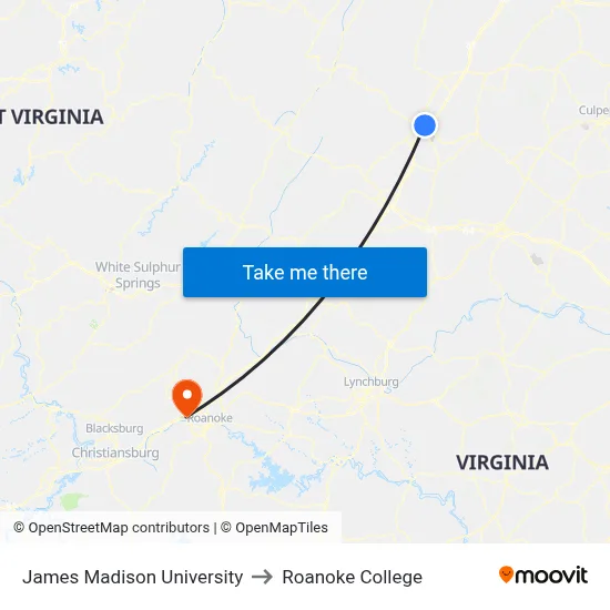James Madison University to Roanoke College map