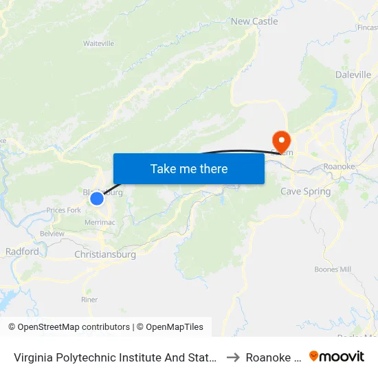 Virginia Polytechnic Institute And State University - Hahn Lot to Roanoke College map
