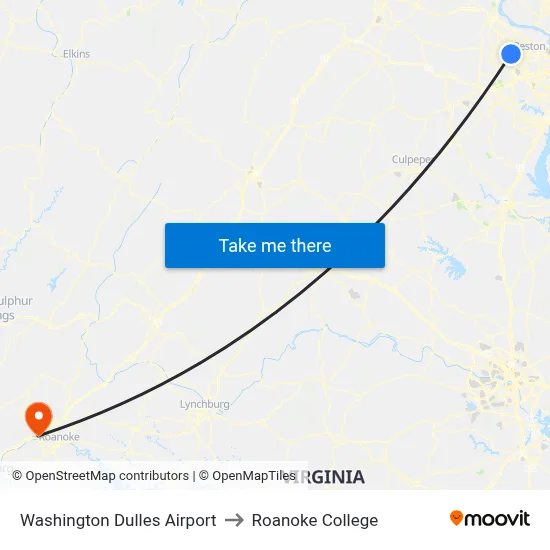 Washington Dulles Airport to Roanoke College map