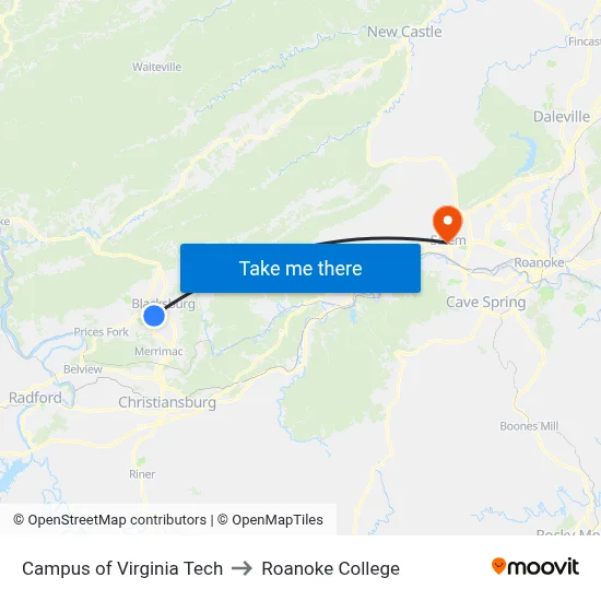 Campus of Virginia Tech to Roanoke College map